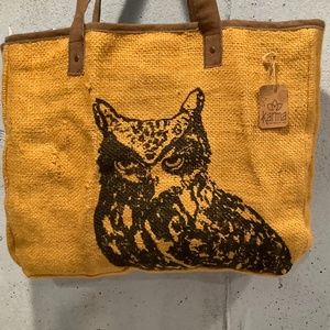Karma Book/Tote Bag Burlap with Owl Reversible to Cotton front with word Wisdom